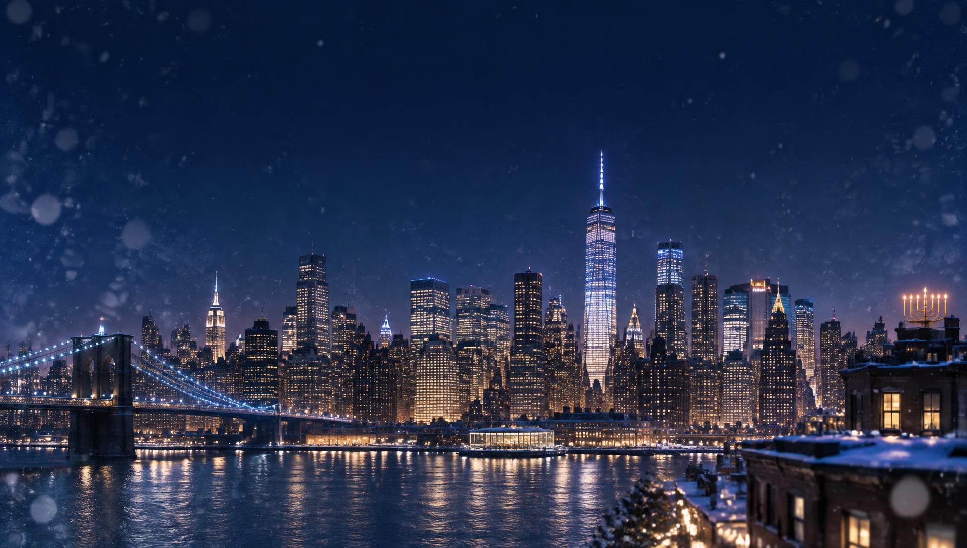 Manhattan skyline on a snowy winter evening with blue holiday lights